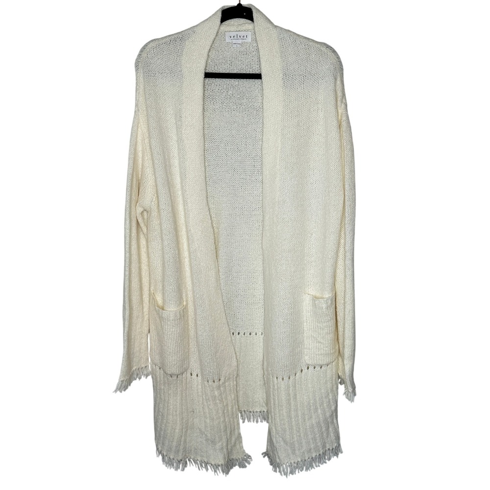 Velvet by Graham & Spencer Cream Fringe‎ Knit Cardigan Sweater Women's Large